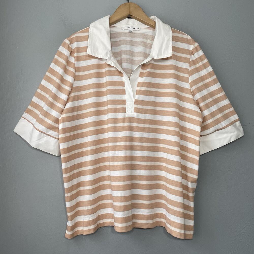 Jane & Delancey Sz XL Tan White Striped Polo Shirt Preppy Slouchy Neutral Rugby